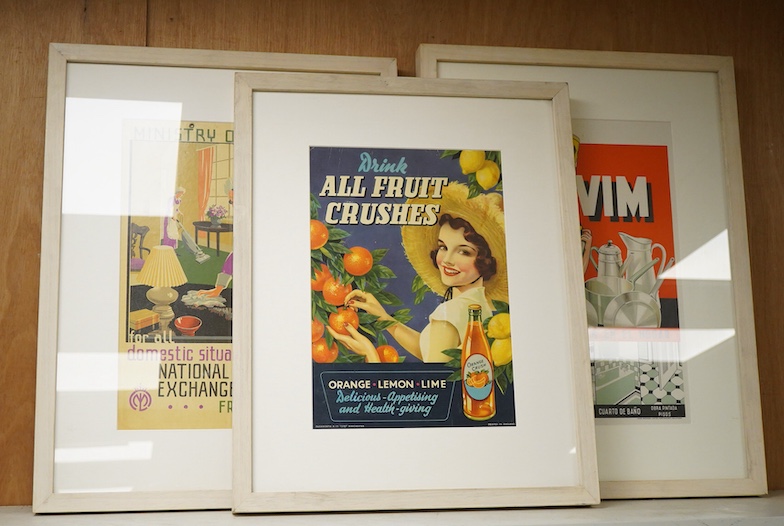 Three vintage advertising posters to include ‘Ministry of Labour’ and ‘All Fruit Crushes’, 37 x 25cm